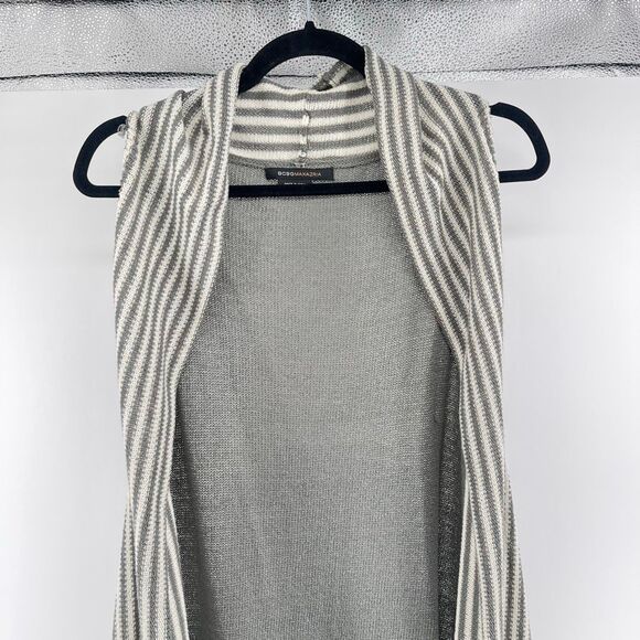 BCBGMaxazria Gray White Striped Sleeveless Open Front High Low Duster Cardigan - Picture 6 of 15